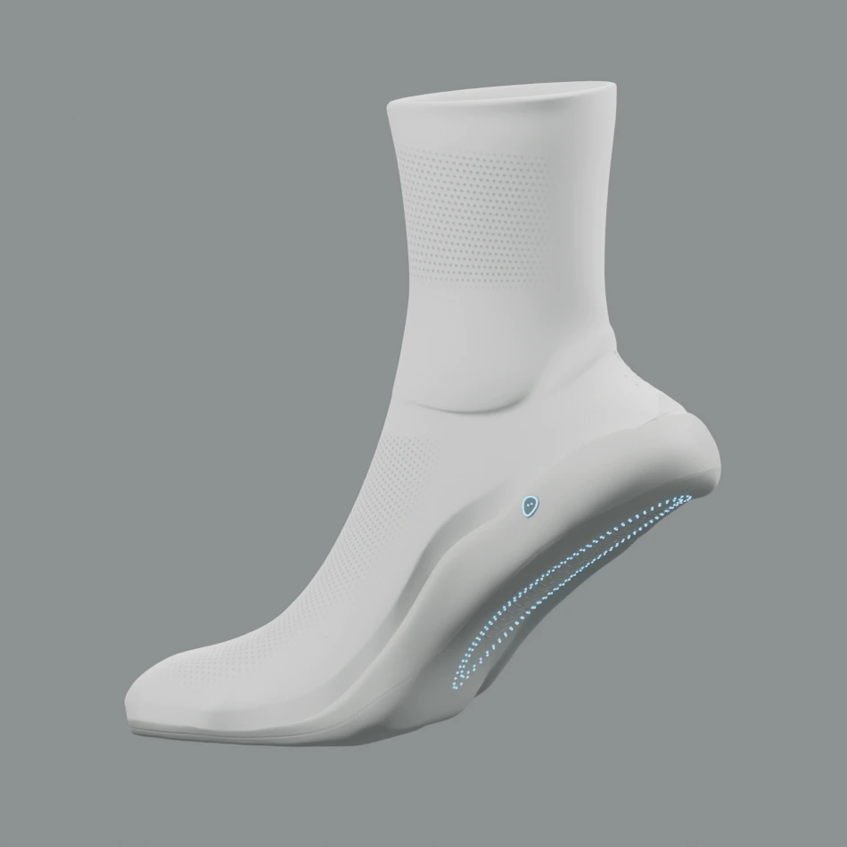 HydraSense 三维模型：针织袜体、浅灰底壳与蓝色灯环。