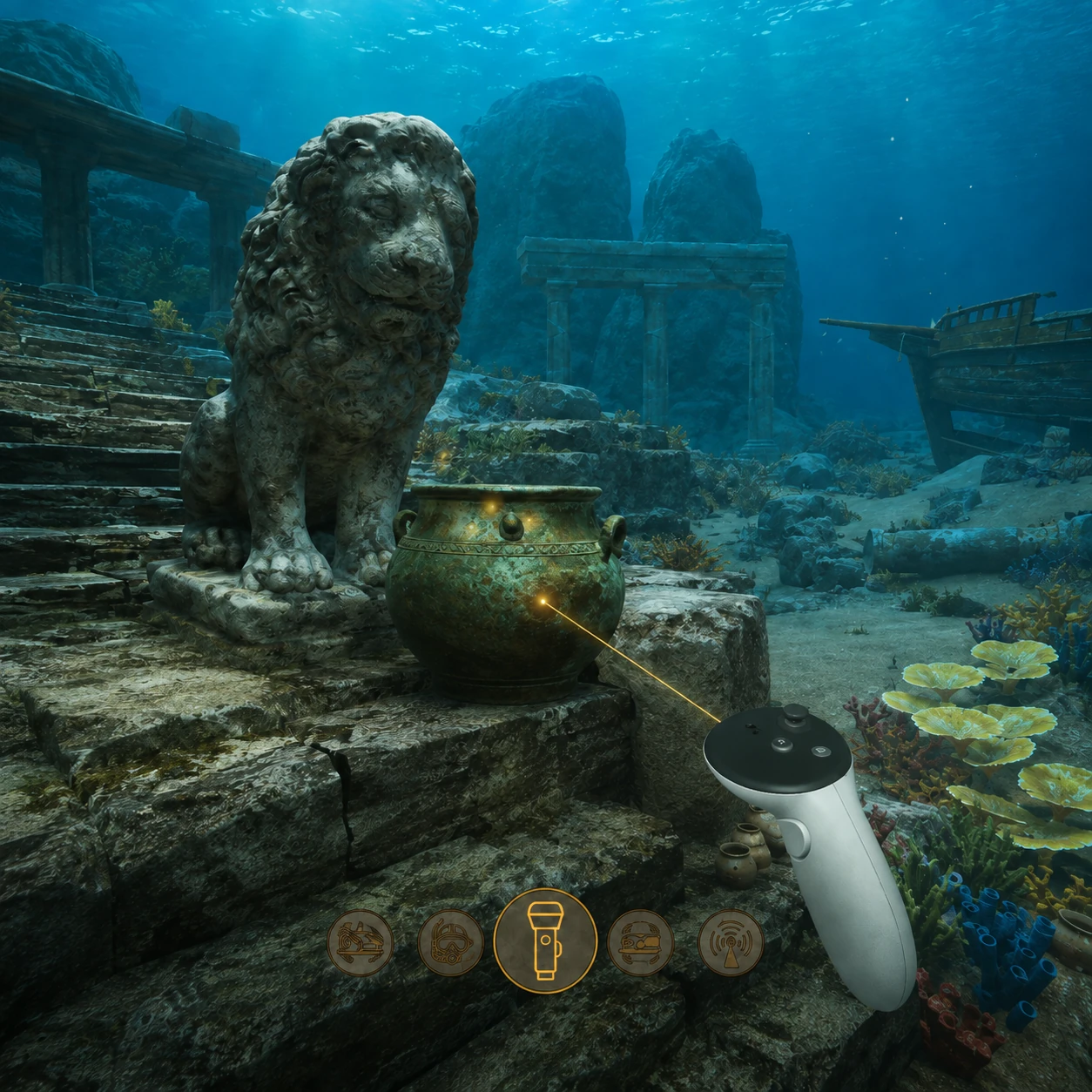 Lost Ruins 概念视觉：第一人称 VR 视角中，虚拟手柄指向水下石狮旁的器物，前方呈现工具选择栏。