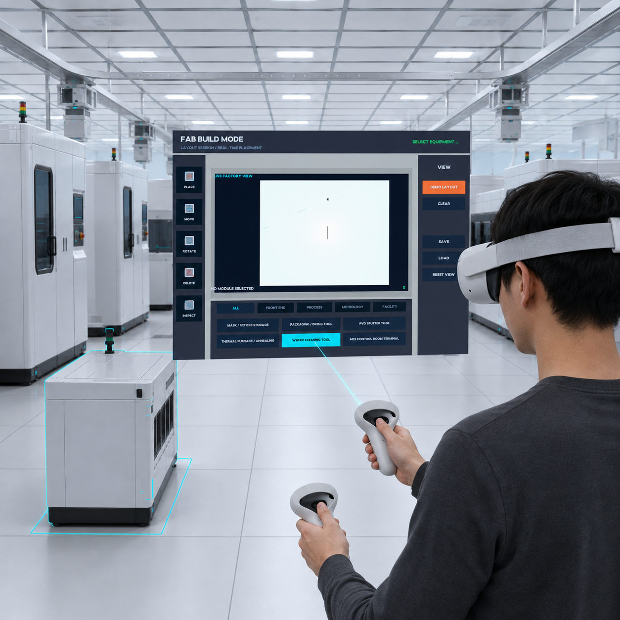 Semi Factory：佩戴 VR 头显的用户通过手柄在虚拟洁净车间中摆放设备。